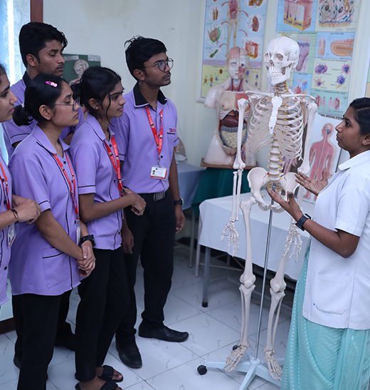 nursing-education teacher and students with a skeleton